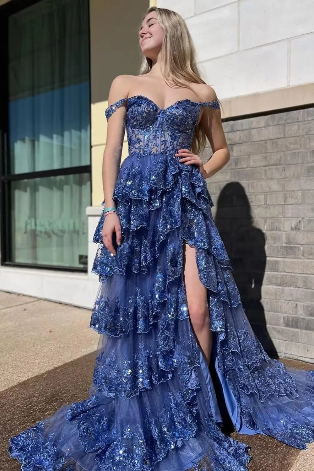 Maxianever Off The Shoulder Flower Prom Dresses Lace Tulle Long Tiered Women’s Formal Evening Ball Gowns Sparkly 2024