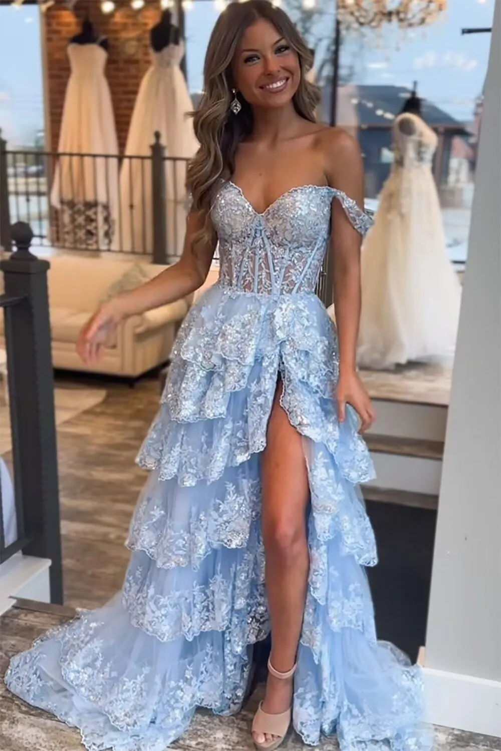 Maxianever Off The Shoulder Flower Prom Dresses Lace Tulle Long Tiered Women’s Formal Evening Ball Gowns Sparkly 2024