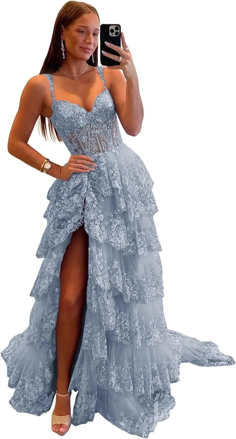 Maxianever Off The Shoulder Flower Prom Dresses Lace Tulle Long Tiered Women’s Formal Evening Ball Gowns Sparkly 2024