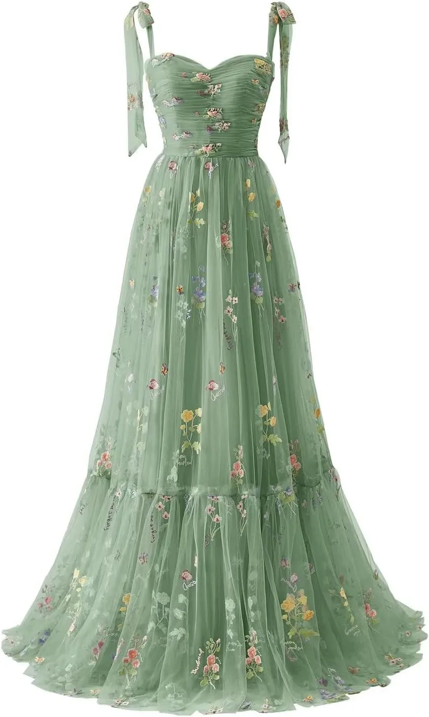 Maxianever Women's Tulle Prom Dresses Flower Embroidery Long Sweetheart Formal Evening Party Gowns