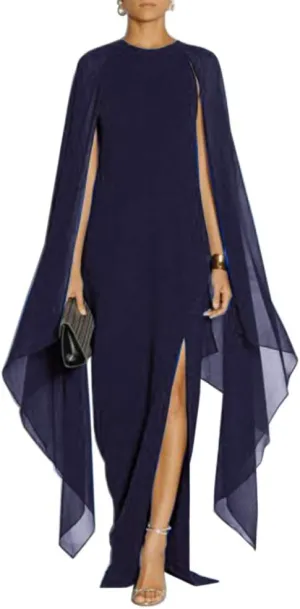 MAYFASEY Women's Elegant High Split Flare Sleeve Formal Evening Gowns Maxi Dress with Cape