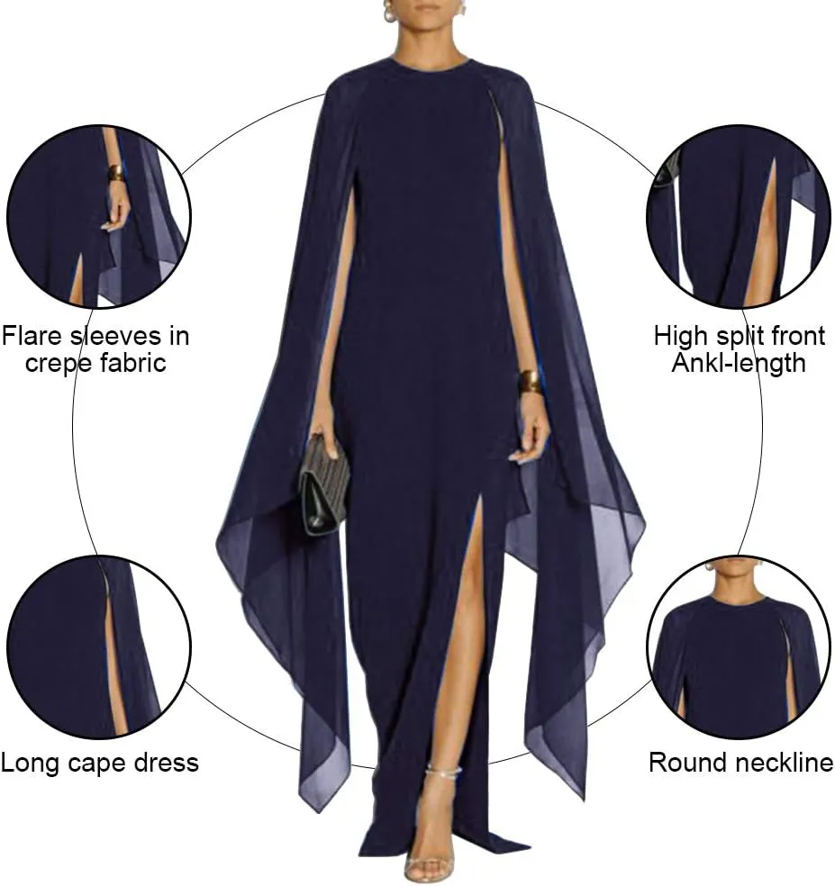 MAYFASEY Women's Elegant High Split Flare Sleeve Formal Evening Gowns Maxi Dress with Cape