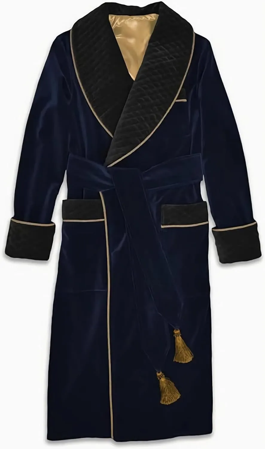Men's Blue Long Gown Jackets with Black Fine Quilted Cord Piping Long Smoking Jacket Evening Wear