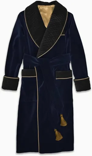 Men's Blue Long Gown Jackets with Black Fine Quilted Cord Piping Long Smoking Jacket Evening Wear