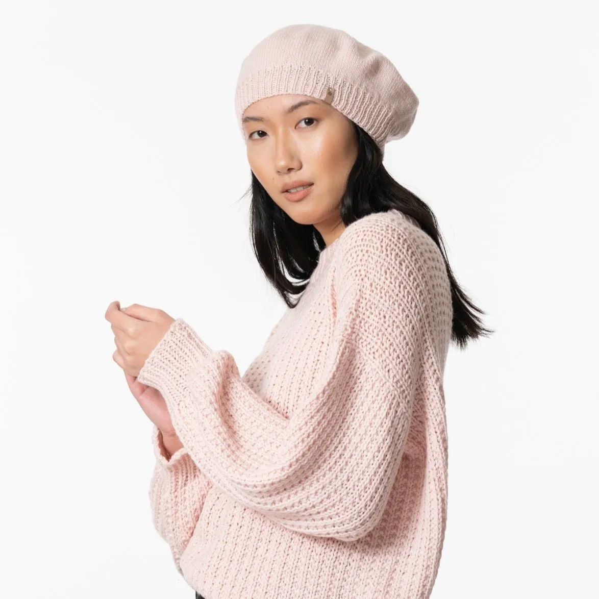 Merino Handknit Beret in Blush Pink