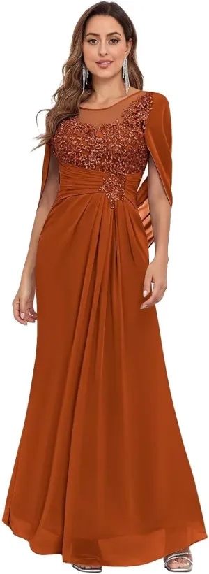 Mermaid Chiffon Mother of The Bride Dresses for Wedding with Cape Sleeves Lace Formal Mother of The Groom Dress