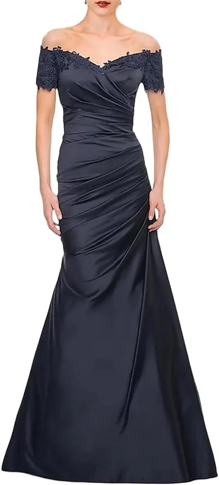 Mermaid Off Shoulder Womens Wedding Guest Dress lace Ruched Grandmother Dresses for Wedding