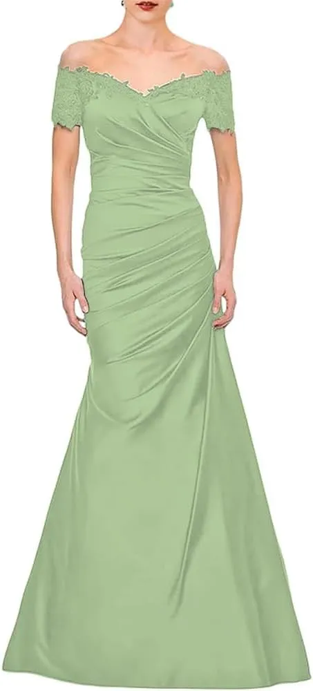 Mermaid Off Shoulder Womens Wedding Guest Dress lace Ruched Grandmother Dresses for Wedding