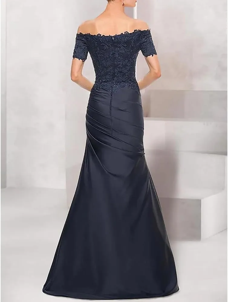 Mermaid Off Shoulder Womens Wedding Guest Dress lace Ruched Grandmother Dresses for Wedding