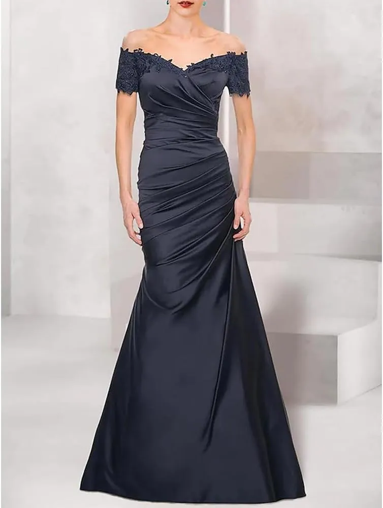 Mermaid Off Shoulder Womens Wedding Guest Dress lace Ruched Grandmother Dresses for Wedding