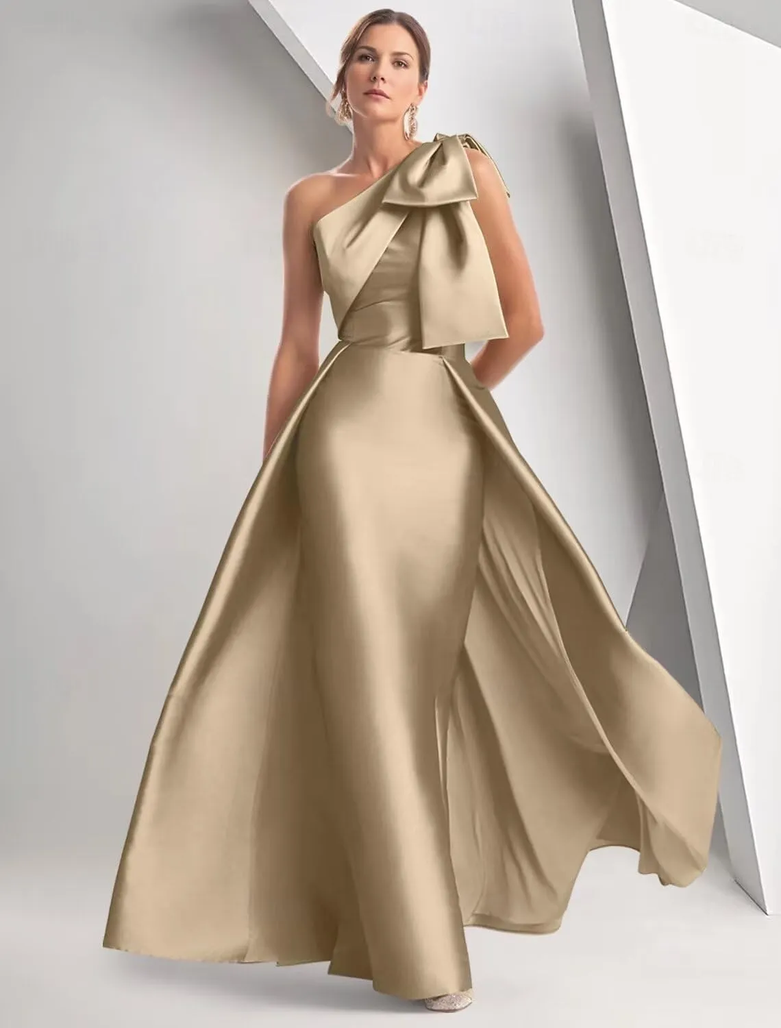 Mermaid Satin Prom Dresses for Women One Shoulder Long Ball Gown Bownet Floor Length Formal Evening Dress