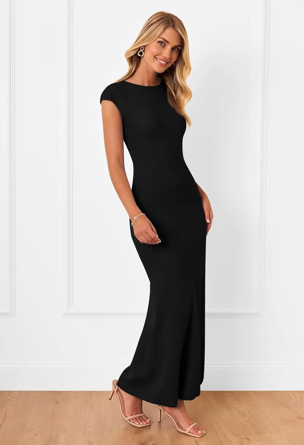 MEROKEETY Women's Cap Sleeve Rib Knit Maxi Dress Crew Neck Slim Fit Bodycon Summer Sweater Dresses
