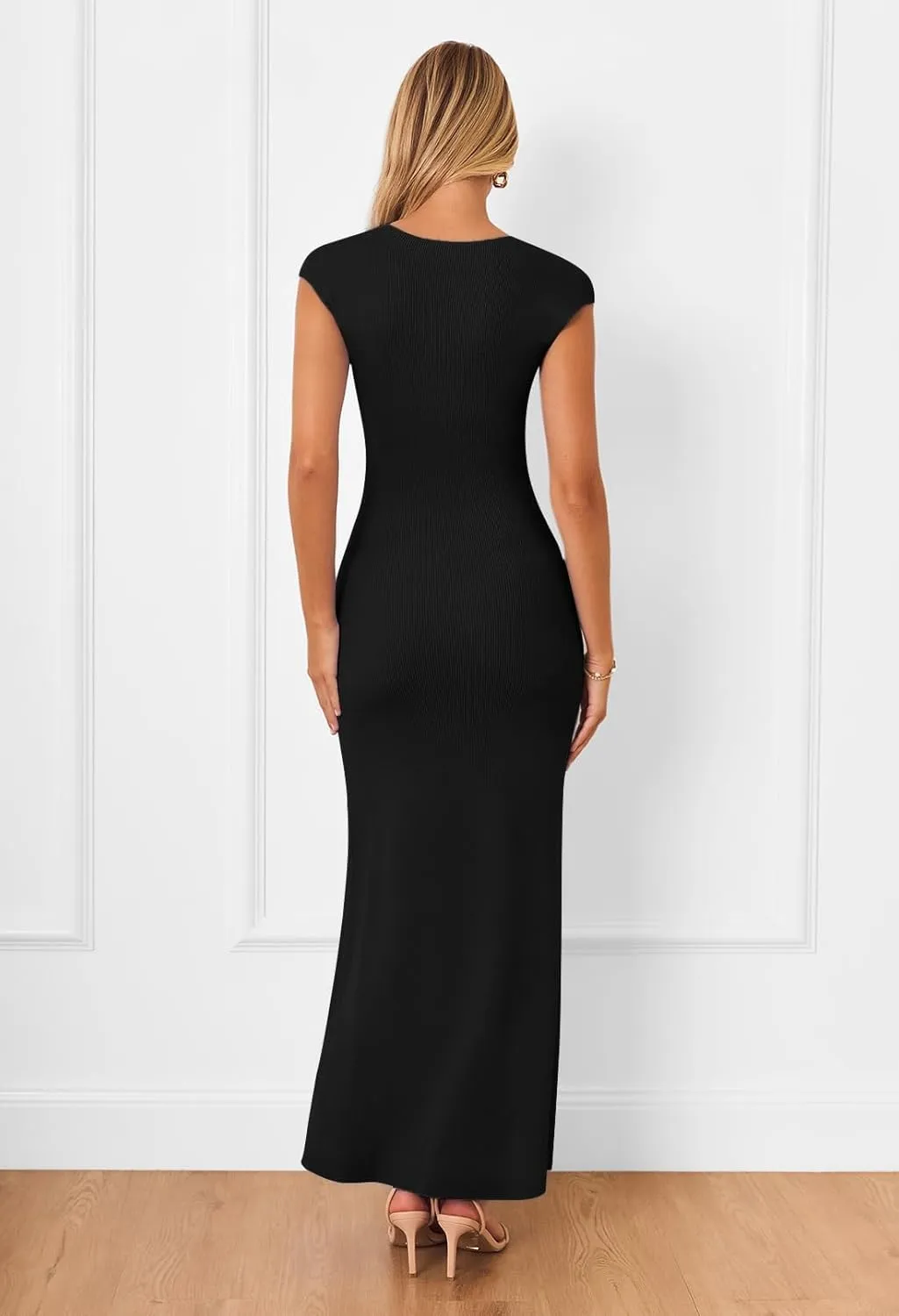 MEROKEETY Women's Cap Sleeve Rib Knit Maxi Dress Crew Neck Slim Fit Bodycon Summer Sweater Dresses