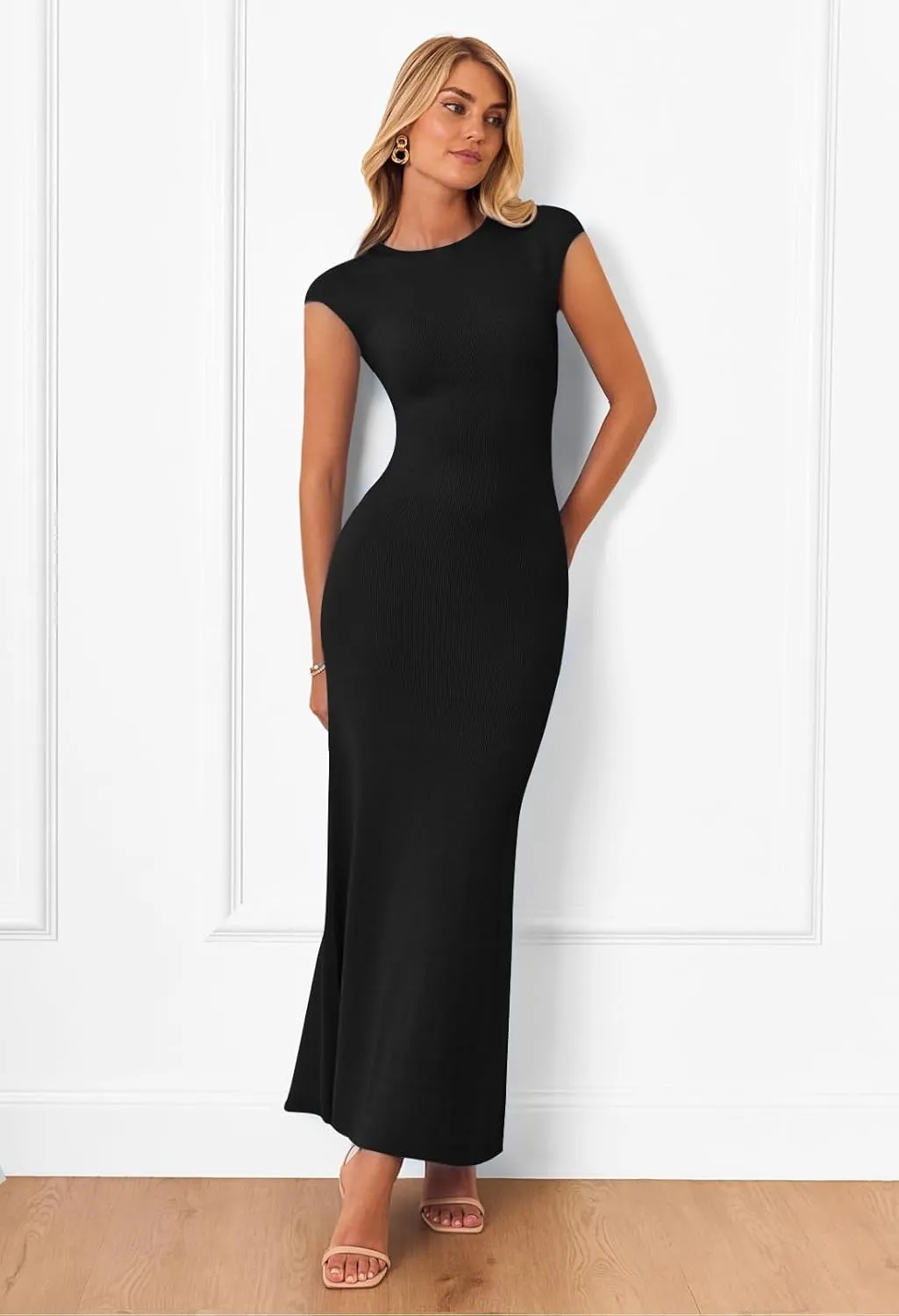 MEROKEETY Women's Cap Sleeve Rib Knit Maxi Dress Crew Neck Slim Fit Bodycon Summer Sweater Dresses