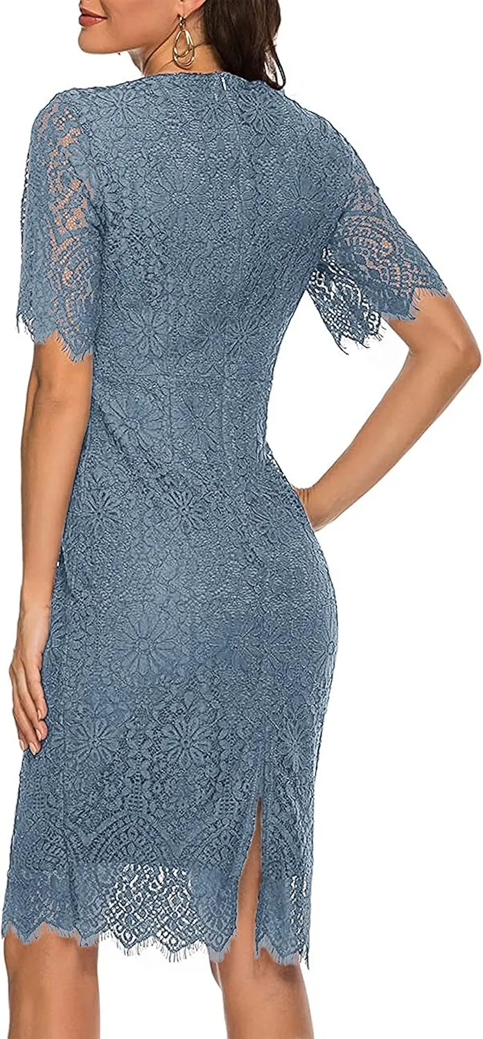 MEROKEETY Women's Short Sleeve Lace Floral Cocktail Dress Crew Neck Knee Length for Party