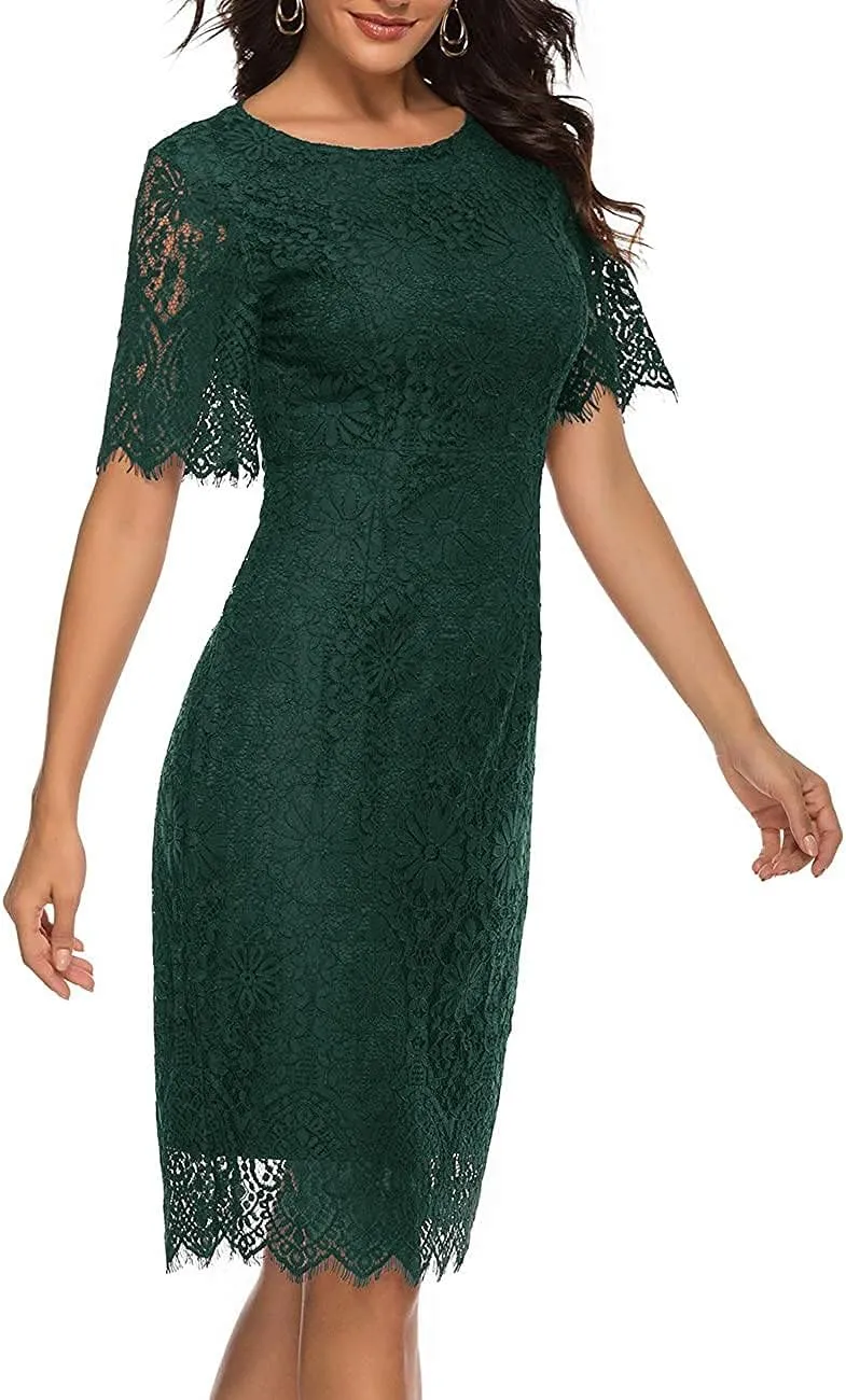 MEROKEETY Women's Short Sleeve Lace Floral Cocktail Dress Crew Neck Knee Length for Party