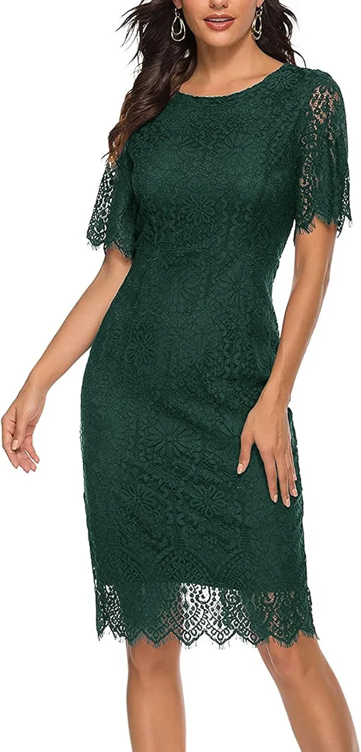 MEROKEETY Women's Short Sleeve Lace Floral Cocktail Dress Crew Neck Knee Length for Party