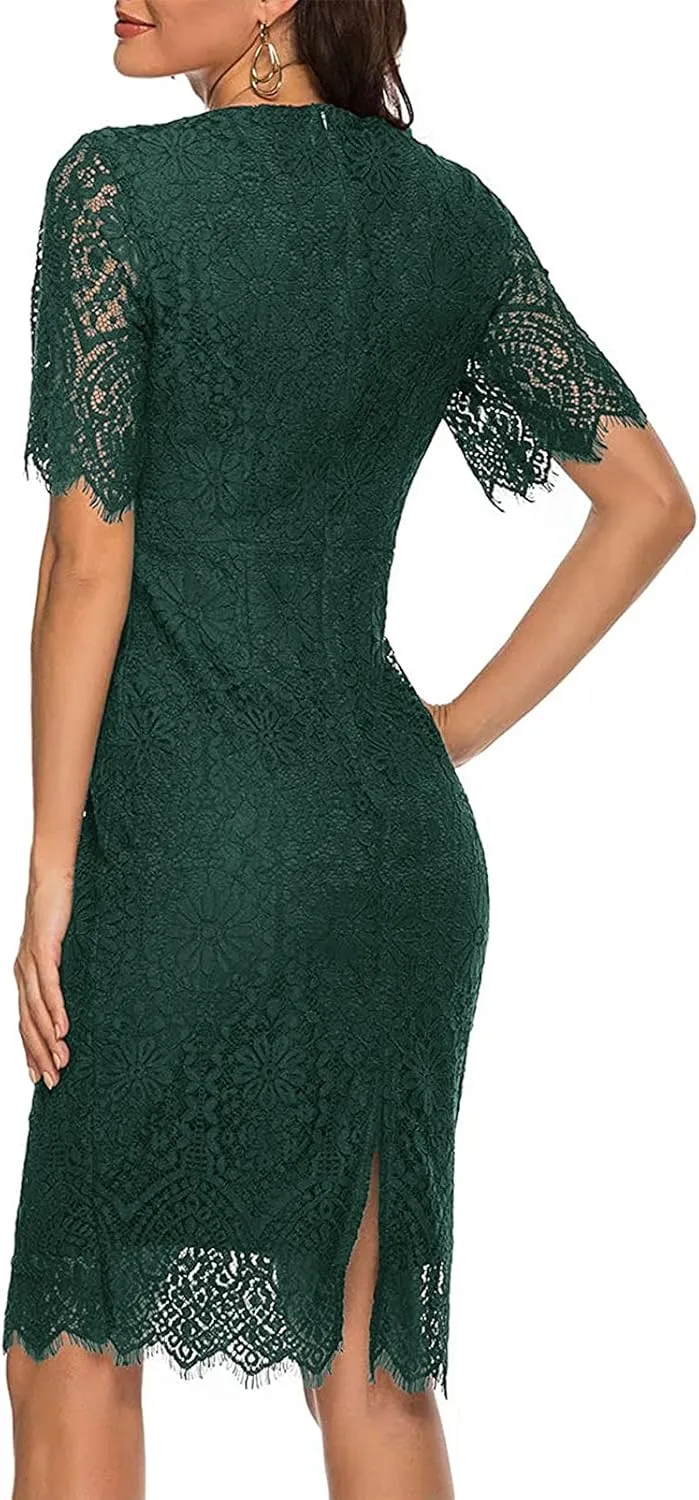 MEROKEETY Women's Short Sleeve Lace Floral Cocktail Dress Crew Neck Knee Length for Party
