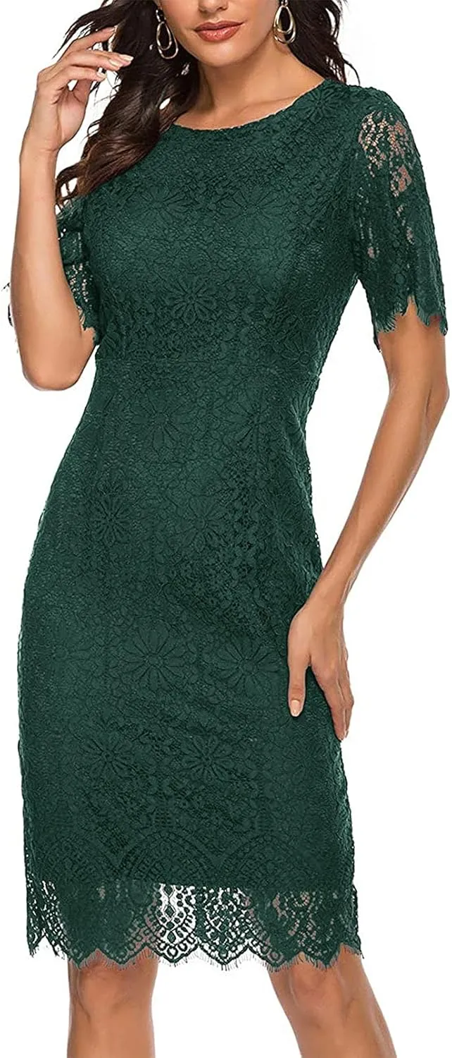MEROKEETY Women's Short Sleeve Lace Floral Cocktail Dress Crew Neck Knee Length for Party
