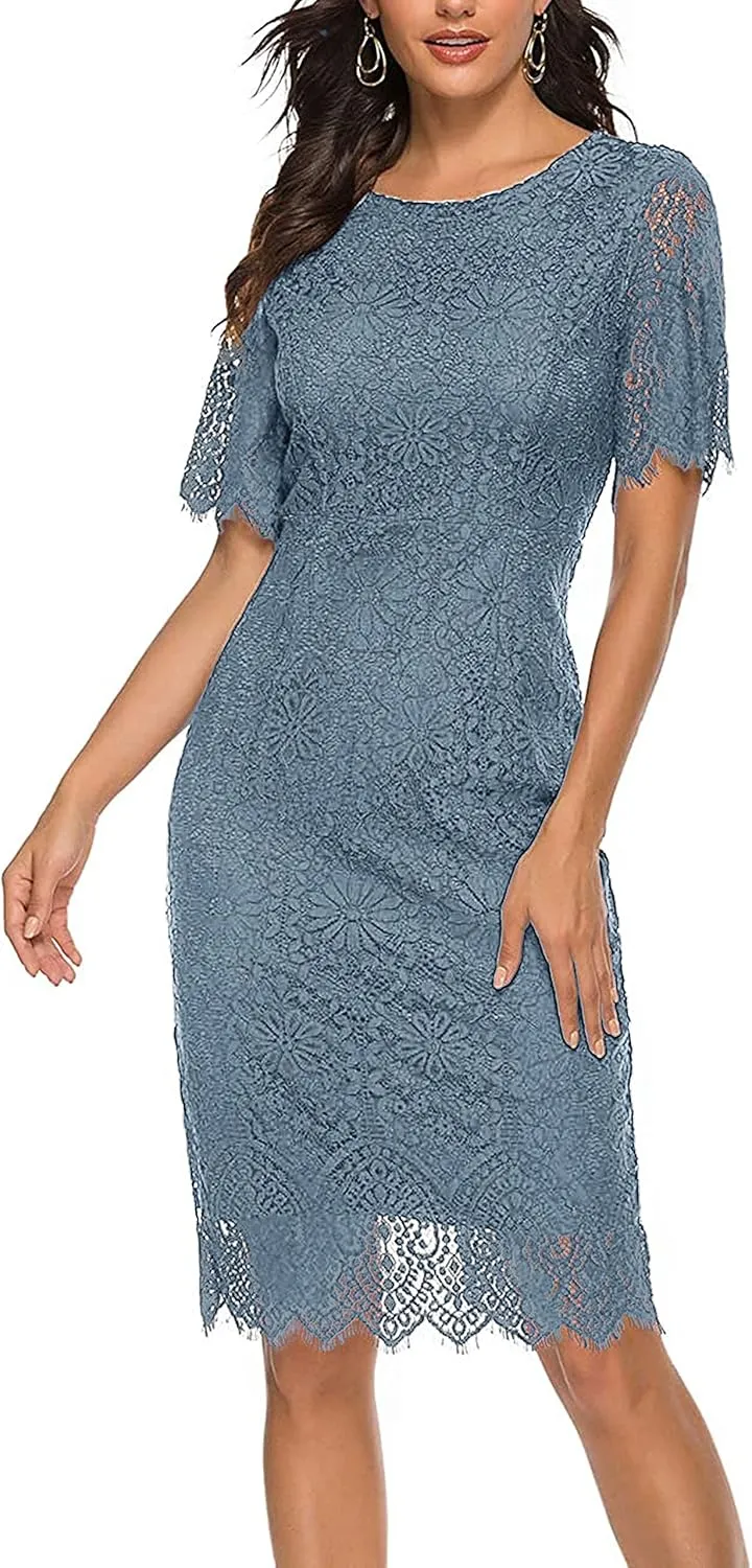 MEROKEETY Women's Short Sleeve Lace Floral Cocktail Dress Crew Neck Knee Length for Party