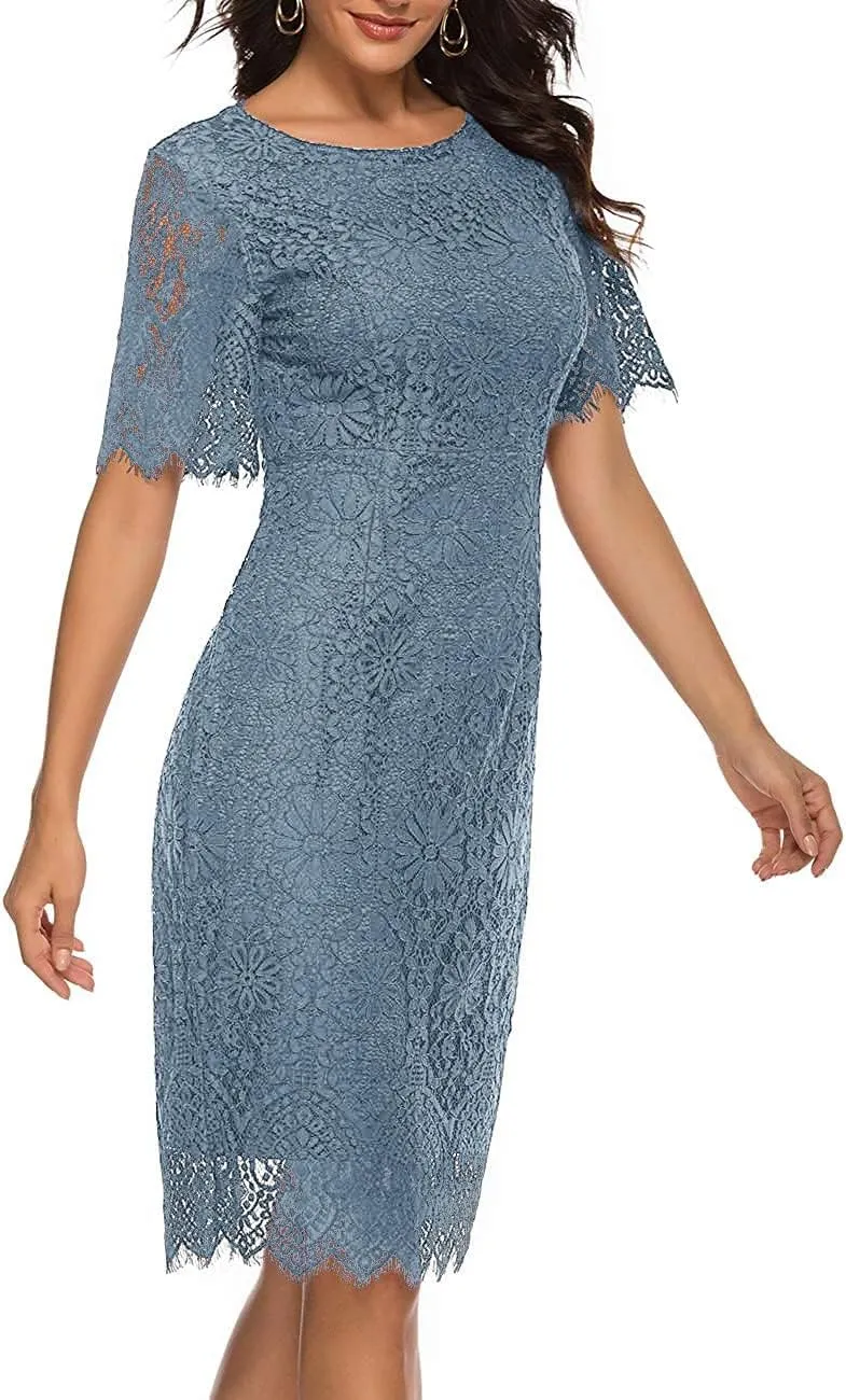 MEROKEETY Women's Short Sleeve Lace Floral Cocktail Dress Crew Neck Knee Length for Party