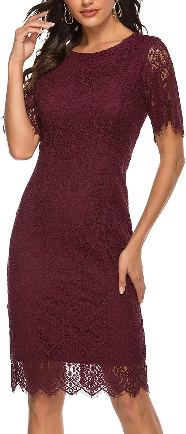MEROKEETY Women's Short Sleeve Lace Floral Cocktail Dress Crew Neck Knee Length for Party