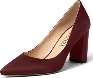 MERRORI Women's Dress Satin Pointed Toe Slip On Elegant Evening Chunky High Heel Pumps Shoes 3.3 Inch