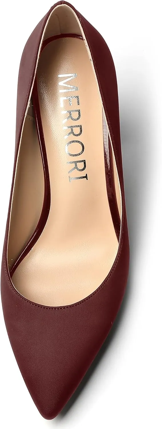 MERRORI Women's Dress Satin Pointed Toe Slip On Elegant Evening Chunky High Heel Pumps Shoes 3.3 Inch