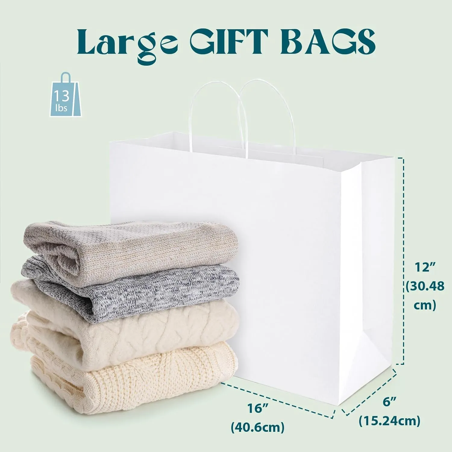 MESHA White Large Paper Bags 16x6x12 Inch 100 Pack Kraft Shopping Gift Bags with Handles Bulk for Small Business, Party, Recycled