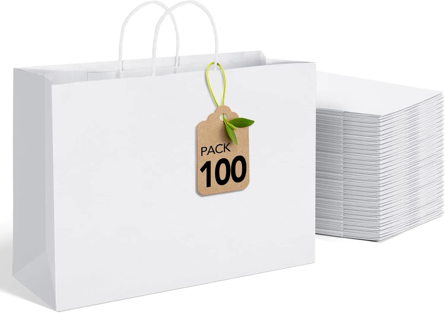 MESHA White Large Paper Bags 16x6x12 Inch 100 Pack Kraft Shopping Gift Bags with Handles Bulk for Small Business, Party, Recycled