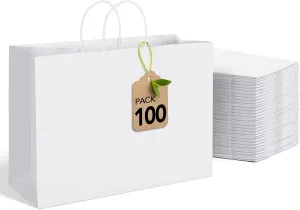 MESHA White Large Paper Bags 16x6x12 Inch 100 Pack Kraft Shopping Gift Bags with Handles Bulk for Small Business, Party, Recycled