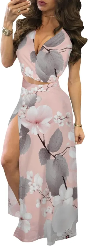 MESLIMA Women Casual 2 Piece Outfits Sexy V Neck Crop Top Boho Floral Print Beach High Split Maxi Dress Sets