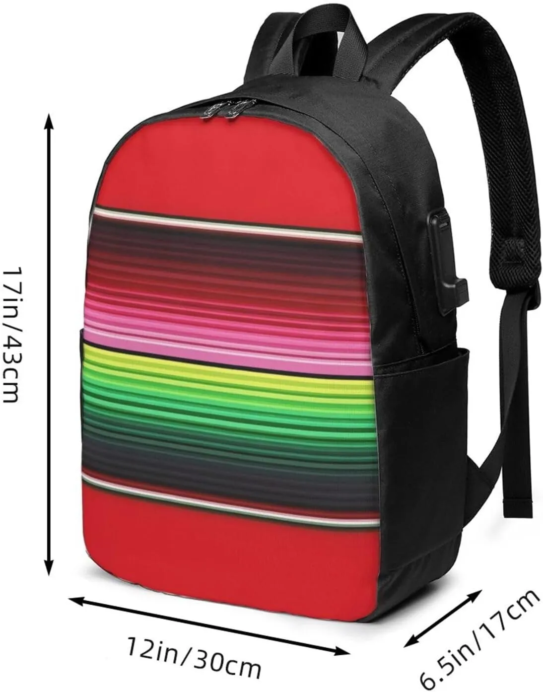 Mexican Red Green Stripes Laptop Backpacks Travel Backpack Casual Business Daypack Sport Rucksack Computer Bag Fits up to 17 Inch Notebook with USB Port