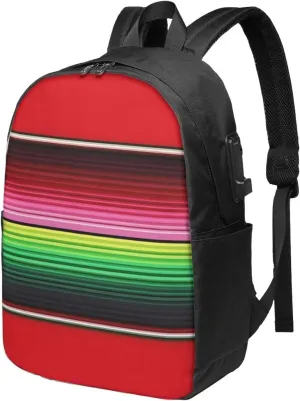 Mexican Red Green Stripes Laptop Backpacks Travel Backpack Casual Business Daypack Sport Rucksack Computer Bag Fits up to 17 Inch Notebook with USB Port