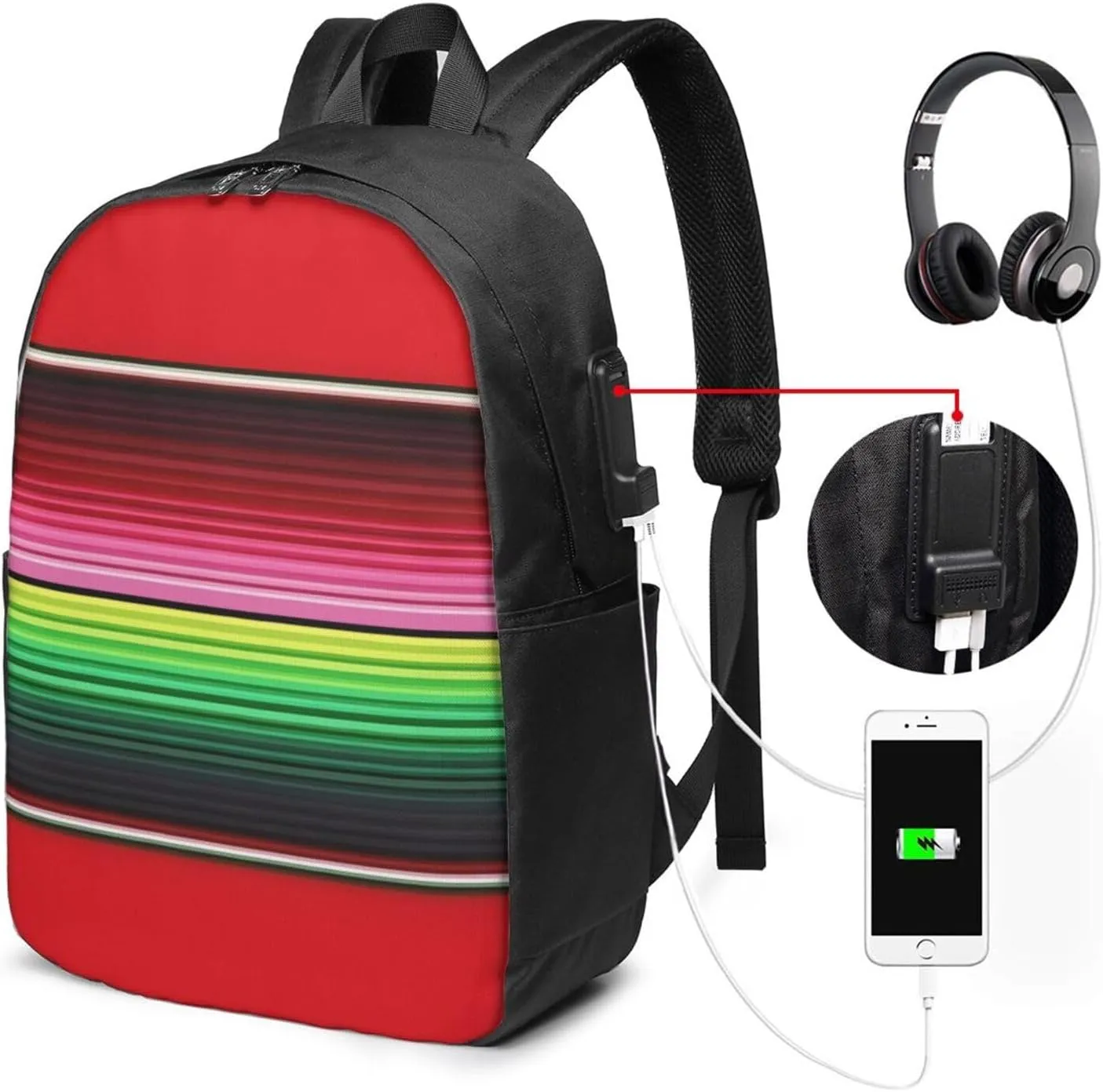 Mexican Red Green Stripes Laptop Backpacks Travel Backpack Casual Business Daypack Sport Rucksack Computer Bag Fits up to 17 Inch Notebook with USB Port