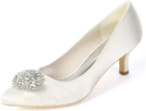 Mid Heels Satin Rhinestones Wedding Shoes for Bride Pointed Toe Prom Evening Party Dress Pumps-1608-01AB