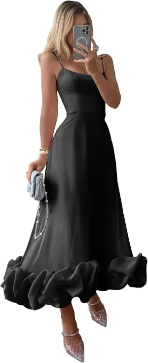 Midi Satin Prom Dresses for Women 2025 Tea Length Flounce Ruffle Formal Evening Party Gowns