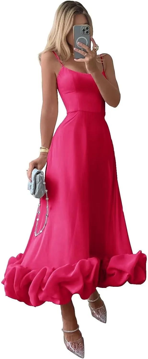 Midi Satin Prom Dresses for Women 2025 Tea Length Flounce Ruffle Formal Evening Party Gowns