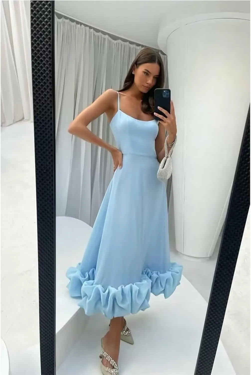 Midi Satin Prom Dresses for Women 2025 Tea Length Flounce Ruffle Formal Evening Party Gowns