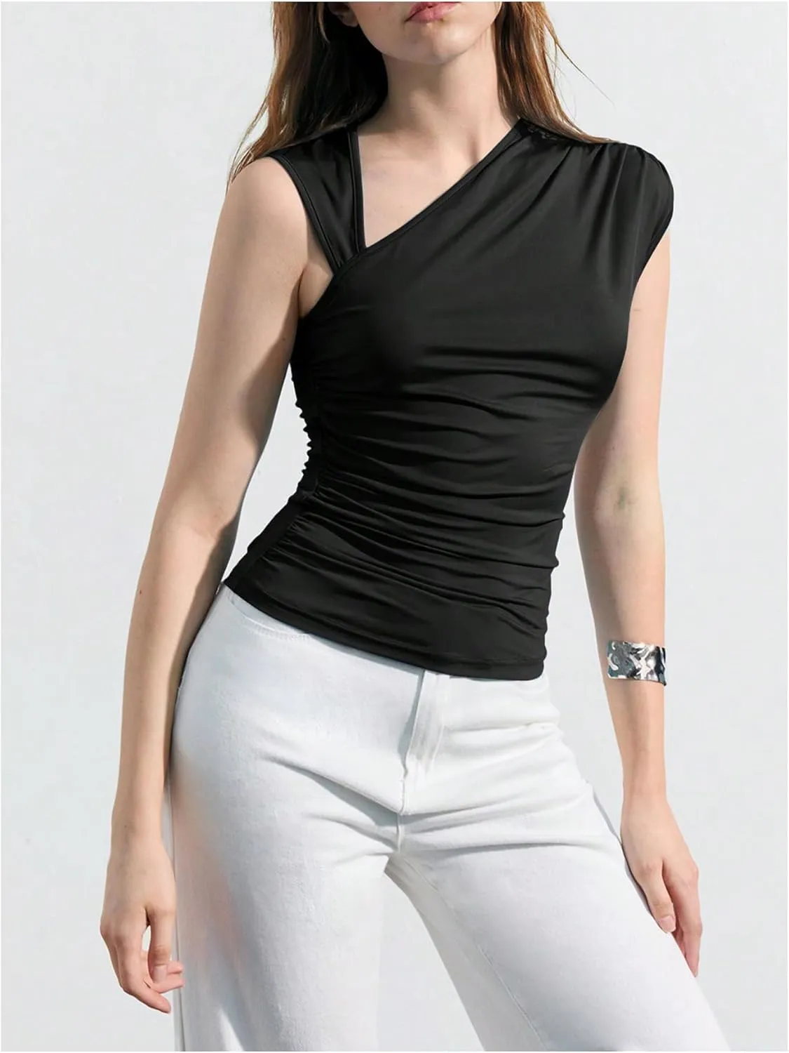 Milumia Women's Asymmetrical Tank Tops Ruched Sleeveless Shirts