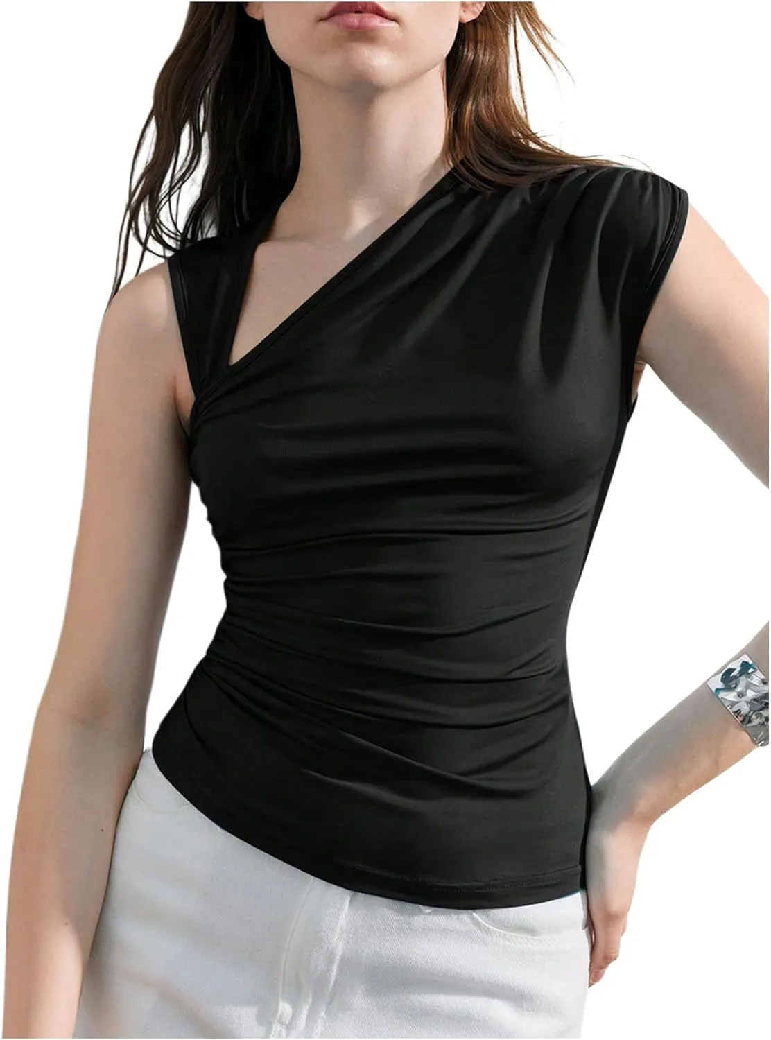 Milumia Women's Asymmetrical Tank Tops Ruched Sleeveless Shirts