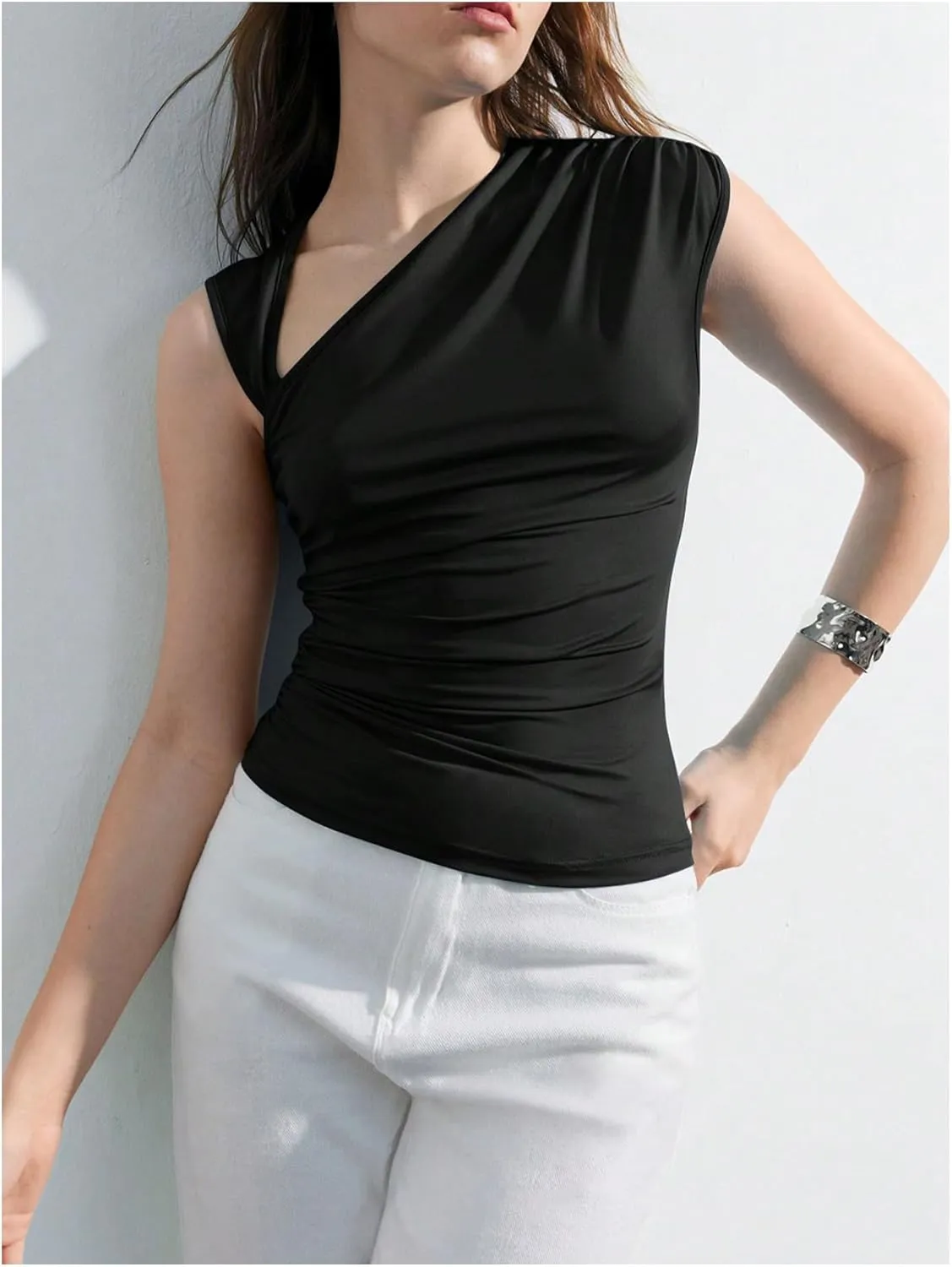 Milumia Women's Asymmetrical Tank Tops Ruched Sleeveless Shirts