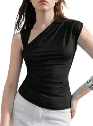 Milumia Women's Asymmetrical Tank Tops Ruched Sleeveless Shirts