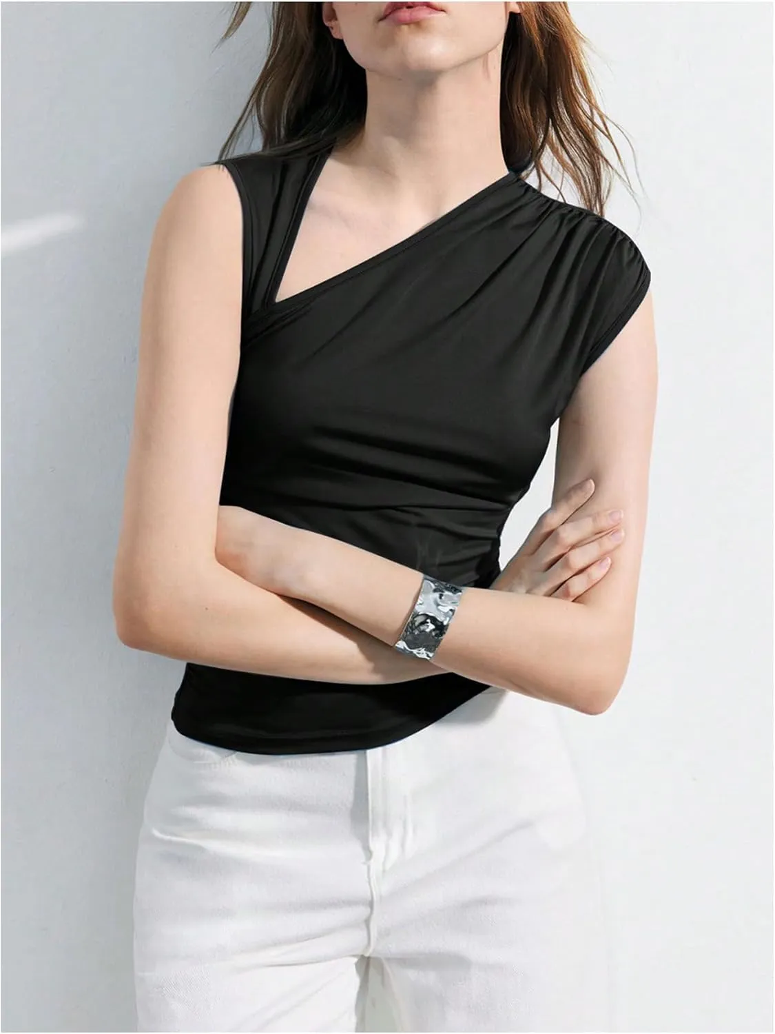 Milumia Women's Asymmetrical Tank Tops Ruched Sleeveless Shirts