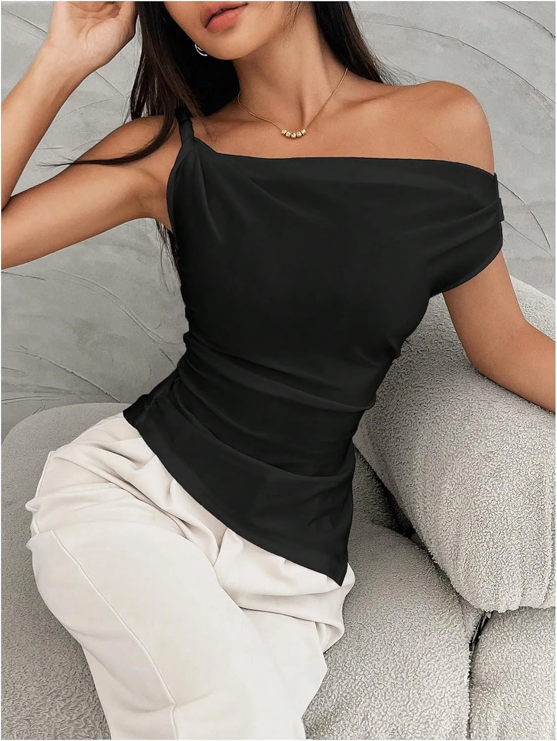 Milumia Women's Twisted Asymmetrical Neck Short Sleeve T Shirt Elegant Concert Tops