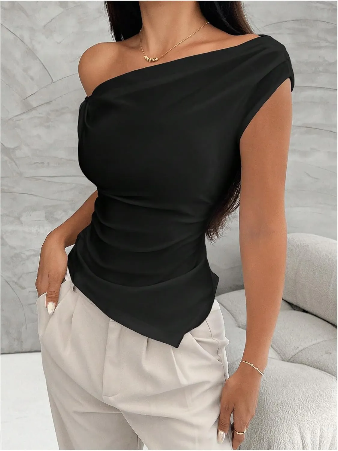 Milumia Women's Twisted Asymmetrical Neck Short Sleeve T Shirt Elegant Concert Tops