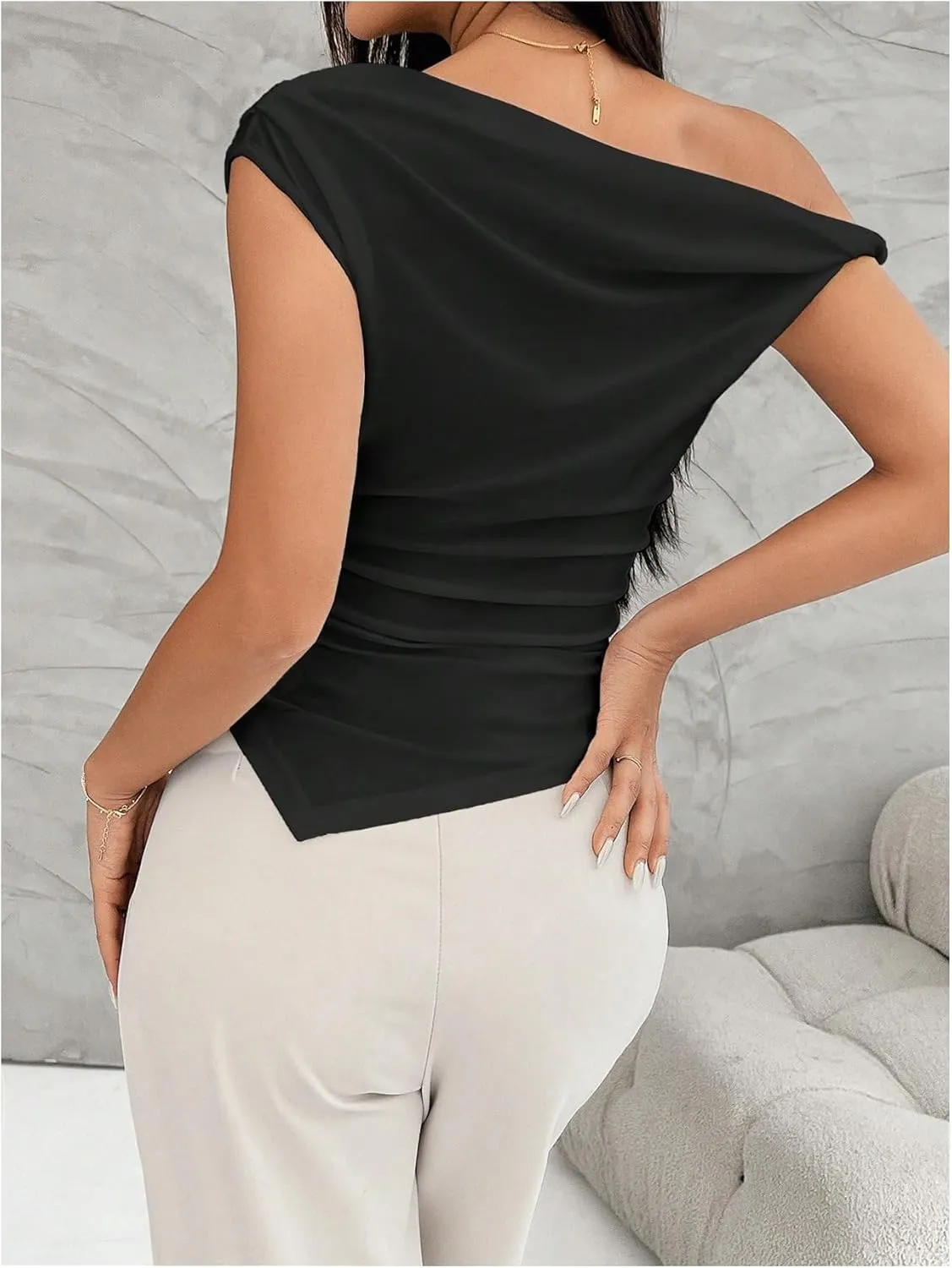 Milumia Women's Twisted Asymmetrical Neck Short Sleeve T Shirt Elegant Concert Tops
