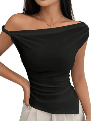 Milumia Women's Twisted Asymmetrical Neck Short Sleeve T Shirt Elegant Concert Tops