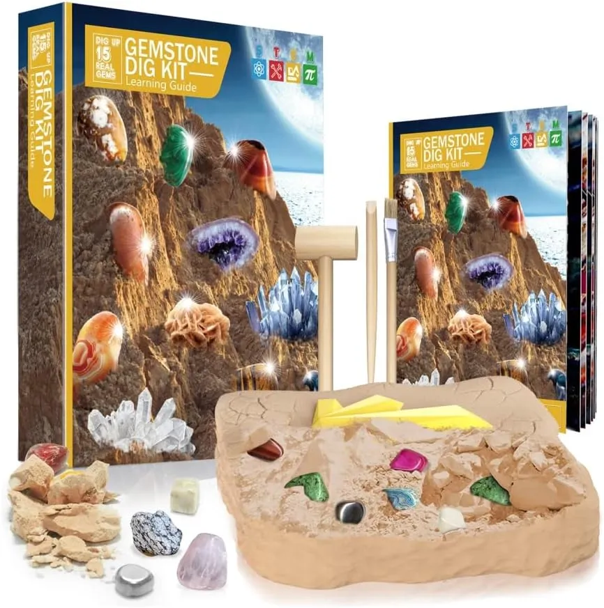 Mineral Excavation Set, Toy Rock and DIY Kit with 15 Gemstones, Geological Stones, for Kids
