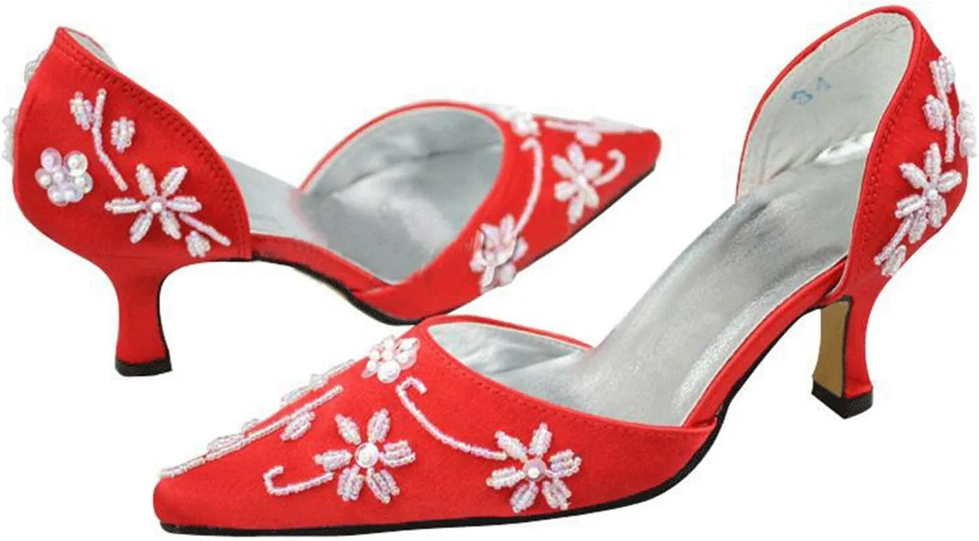 Minishion Girls Womens Beading Slip-on Satin Bridal Wedding Evening Pumps